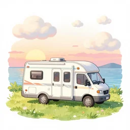 beautiful cute cozy very little rv truck on the grass by the water, sunset, puffy cute clouds, white background, watercolor, 4 colors!!!