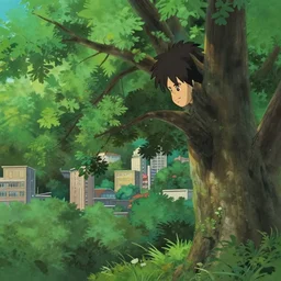 a close - film still of a disney ghibli pixar painting style forest city, close up at theash tree, trending on pixiv fanbox, painted by kyoto makoto shinkai takashi takeuchi studio ghibli, aki