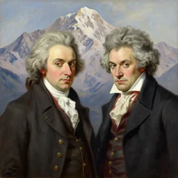 a beautiful mountain painted by amadeus mozart and ludwig van beethoven. oil painting on canvas, masterpiece.