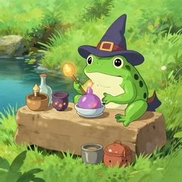 wizard frog selling magical wares on a stand by a pond, ghibli style