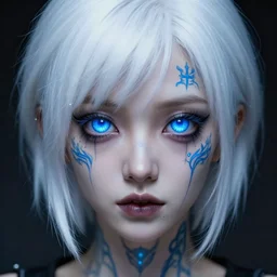 crazy girl with large dazzling blue cybernetic eyes, character portrait, short white hair, pixie nose, mythic glowing blue tattoos, creepy, photorealistic, cinematic composition, hyper real, upscaled, ultra detailed