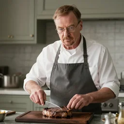 walter white, played by gordon ramsay, cooking a steak