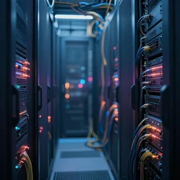 a photo of a dystopian server farm with cables everywhere, 8 k, glowing, atmospheric, cinematic, bokeh.