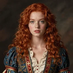 portrait photo of a beautiful young redhead scandinavian glamour model baroque quenn medium shot illustration greg rutkowski greg tocchini jodhpurs greg manchess james gilleard