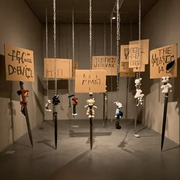 museum exhibit, claustrophobic space, protest cardboard signs, bayonets with plush animals, awkward light chains