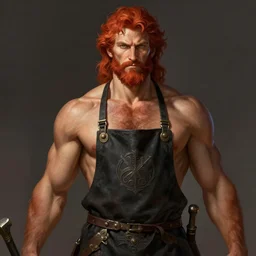 portrait of rugged hephaestus, god of forge, greek god, red hair, masculine, mature, handsome, upper body, muscular, hairy chest, blacksmith apron, fantasy, intricate, elegant, highly detailed, digital painting, artstation, concept art, smooth, sharp focus, illustration, art by gaston bussiere and greg rutkowski