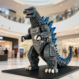 Godzilla made out of lego blocks in a mall, photorealistic