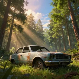 huge scene, vivid, concept art, an abandoned old car in the woods, volumetric, godrays, grass, by jordan grimmer, high detail, detailed, beautiful, low angle, cinematic view, epic sky, warm lighting, art greg rutkowski, trending on artstation