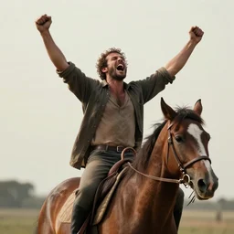 a man sitting on a horse, he is screaming and holding both his arms up.