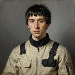 portrait of a man by jan van eyck, he is about 3 0 years old, short black hair with bangs, his features are a mix between french, turkish and russian and he is wearing a beige and black utility jumpsuit, highly detailed portrait, scifi, oil painting.