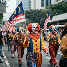 a crowd of clown and jokers marching in the city holding malaysia flag cinematic