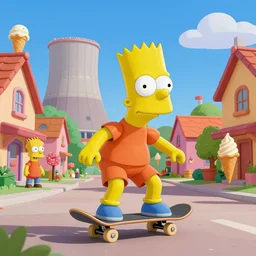 3D realistic (Bart Simpson) skateboarding around a neighborhood, sunny day, nosey neighbors, flanders, ice cream donuts nuclear power plant in the distance