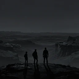 Group of four adventurer as silhouettes, two small, one tall, Scenic view at night of the rock desert, underexposed, clean horizon, matte painting by craig mullins and dan mumford, dark fantasy, style of game of thrones, concept art trending on artstation, 4k, insane details