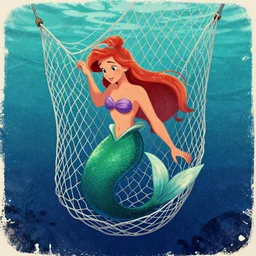 disney poster of the little mermaid trapped in a fishing net, distressed look, 4 k, artstation