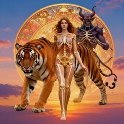 illusionary art tiger sunset psychedelic trippy gorgeous beautiful pretty girl in the sky by victo ngai hyperrealism alphonse mucha human anatomy structure skeleton demon tense psychedelic illusionary art thibaut girard