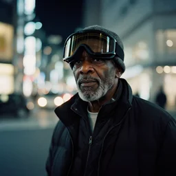 old black man in tokyo at night, wearing ski goggles, cinestill 8 0 0,