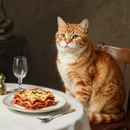 a 1 8 th century painting of an orange cat sitting on a table with a plate of lasagna