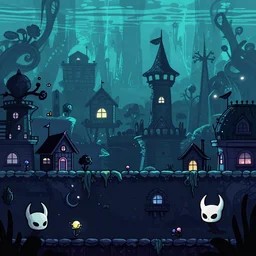 background art for a 2d side scroller adventure game set in an underwater town inspired by hollow knight and night in the woods