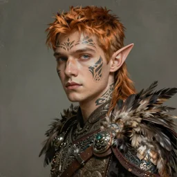 portrait painting of a young elven man with a soft face and short light orange hair and tribal tattoos on his face wearing feather armor, ultra realistic, concept art, intricate details, eerie, highly detailed, photorealistic, octane render, 8 k, unreal engine. art by artgerm and greg rutkowski and charlie bowater and magali villeneuve and alphonse mucha