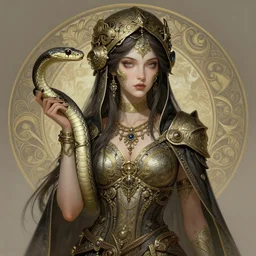 A full portrait of a beautiful post apocalyptic snake handler, intricate, elegant, highly detailed, digital painting, artstation, concept art, smooth, sharp focus, illustration, art by Krenz Cushart and Artem Demura and alphonse mucha