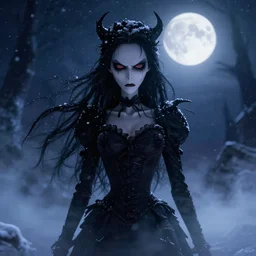 full shot of angry darkness beautiful anime girl at moonlight, snowing, inspired by Tim Burton, detailed, unreal engine 4k volumetric light, fog,