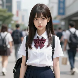 a cute girl wearing school uniform standing in the city | | very very anime!!! good looking face!! realistic shaded perfect face, fine details, anime, realistic shaded lighting poster by ilya kuvshinov katsuhiro otomo ghost - in - the - shell, magali villeneuve, artgerm, jeremy lipkin and michael garmash and rob reyt