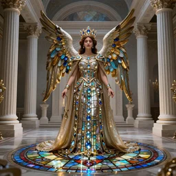 gemstone incrusted in crown of queen in the throme room long dress and ritual summun guardian angel , with stained glass reflect on the ground and white colone like greek temple and fantasy painting Hyperrealistic CGI Photorealistic cinematic volume lighting