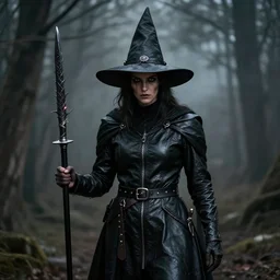 ash maker, black leather, witch hunter, mysterious photo realism, style of roger fenton, flash photo