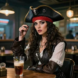 a high quality portrait of a beautiful pirate in a cyberpunk cyberpunk cyberpunk cafe realism 8k