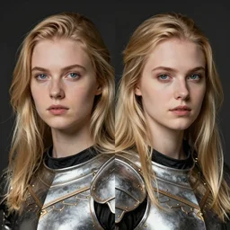 Symmetrical headshot portrait of young blonde paladin woman, in style of Craig Mullins