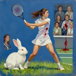 collage cutout painting of a young adult women playing tennis, white rabbit, light palette, illumination, grass, tennis shoes, blue background, blood stains on shirt, blood on tennis court, bleeding audience, illustration, traditional drawing style, dramatic mood, textured canvas, highly detailed, fine art, melancholic art, oil pastels, art by leonardo da vinci, 8 k render octane high definition cgsociety
