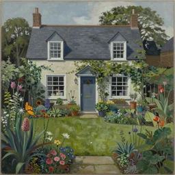 a gorgeous, fantastic, cottage garden by michael kidd, escher, moebius, victo ngai, thomas kincade, trending on artstation, artgerm, acrylic on canvas,!! muted colors!!,!! low contrast!!