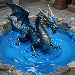 photograph of a dragon emerging from a pool of blue slime