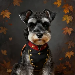 portrait of stoic looking miniature schnauzer, military uniform, black fir, white eyebrows, fantasy, intricate, elegant, highly detailed, autumn color, rustic, centered, dark, smokey, charcoal painting, digital painting, artstation, concept art, smooth, sharp focus, illustration, art by artgerm and greg rutkowski and alphonse mucha