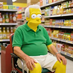 mid white hair old man with green shirt and white short, sitting in simpson supermarket with kevin o'leary