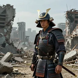 The Samurai from the future on the 90s looking at ruined city, hyperrealistic, detailed, depth of field, High definition, 8k, depth of field, octane render, artstation