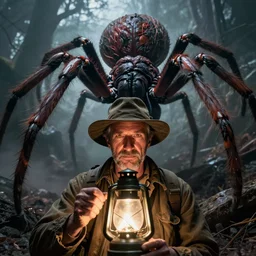 a close - up view of an old - fashioned explorer facing the viewer and holding a lamp in front of him, with an enormous monstrous spider right behind, dramatic lighting, low angle, wide angle, creepy, horrific, realistic, fantasy art, highly detailed digital art