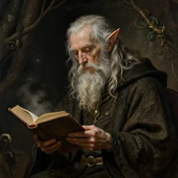 a 1 3 th century, enigmatic, melancholic, fae wizard ( look like ( ( eighty years old christopher lee ) ), is ( ( reading an old book ) ). light dust, magnificent, hyperdetailed, theatrical, painted by gustave dore