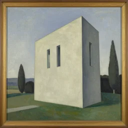 a beautiful painting of a building in a serene landscape by Alberto Giacometti
