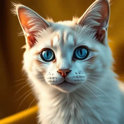 a beautiful portrait, golden background, gorgeous fantasy cat, professionally retouched, soft lighting, realistic, smooth face, gorgeous blue eyes, long white hair, cute ears, wide angle, sharp focus on the eyes, 8 k high definition, insanely detailed, intricate, elegant, gorgeous, art by artgerm and wlop