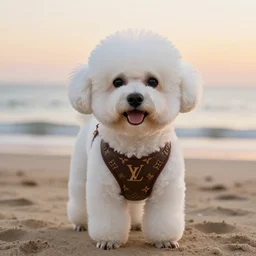 a closeup photorealistic photograph of a Louis Vuitton themed bichon frise at the beach during sunset This 4K HD image is Trending on Artstation, featured on Behance, well-rendered, extra crisp, features intricate detail and the style of Unreal Engine.