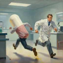 an oil painting of an antibiotic pill running away from a pharmaceutical company representative, illustration, cinematic lighting, establishing shot