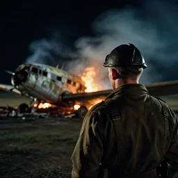 a photograph of a ww 2 airmen pilot from behind. in the background there is a burned down plane with smoke and fire at night by christopher nolan. cinematic shot. cinematography. detailed. hq. in - frame. imax. anamorphic film. anamorphic bokeh!!. helios 4 4 m.
