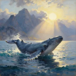 oil painting of whale roaming the ocean in dawn by anders zorn, wonderful art by greg rutkowski, incredible lighting, shadows, beautiful cinematic light, american romanticism by greg manchess, tall rocky mountains and storm clouds, sun rays, sunshine, bright sunny summer day, tall backlit waves, wild water, reflections