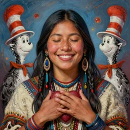 a beautiful portrait of an indigenous female shaman smiling with eyes closed connecting to her heart, self care, love, symetrical, designed by dr seuss and michal karcz, by cyril rolando and asher durand and natalie shau