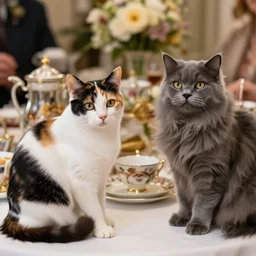a shorthair calico cat and a longhair calico cat and a grey cat attend a fancy english tea party, flickr explore 5 0 mm