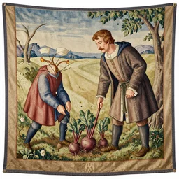 medieval tapestry of Dwight Schrute harvesting beets