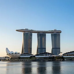 sunrise with marina bay sands singapore with blue skies, unreal engine, 7 0 mm lens no blur, hdr shot, bright and clear