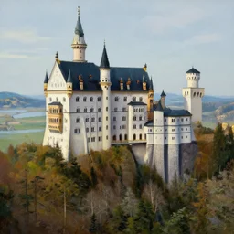 landscape of a large castle in a pine forest, well lit, detailed, cinematic lighting, oil painting