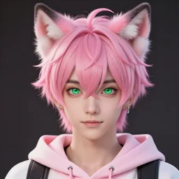 a beautiful headshot portrait of a cute anime male with pink hair and pink wolf ears green eyes piercings wearing a hoodie. character design by cory loftis, fenghua zhong, ryohei hase, ismail inceoglu and ruan jia. artstation, volumetric light, detailed, photorealistic, fantasy, rendered in octane